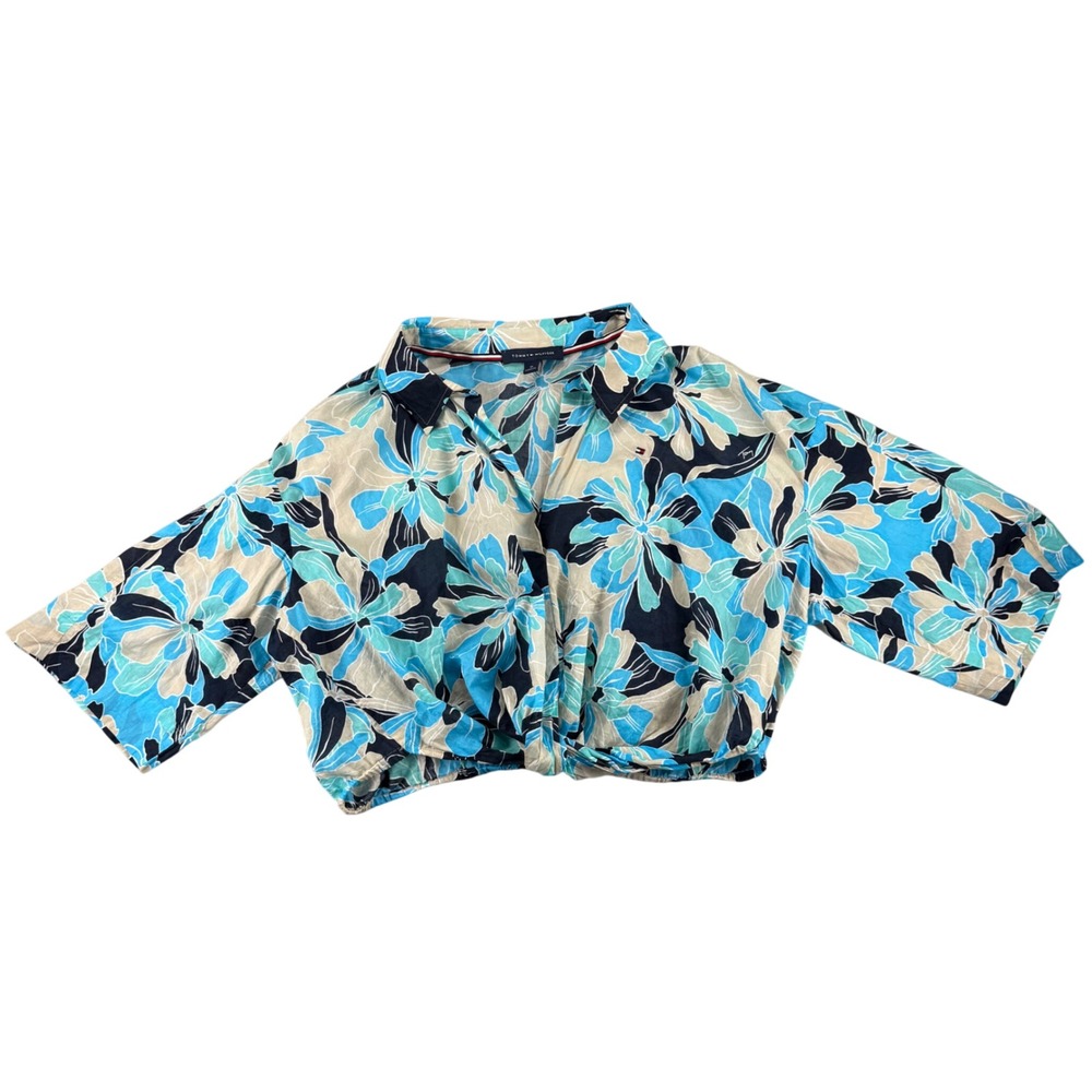 Tommy Hilfiger Floral Front Knot Cropped Top Blue Tropical Cotton Coastal Cruise - Picture 2 of 16